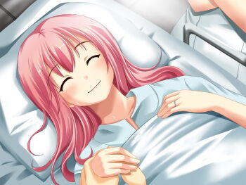 1boy 1girl 1other ^_^ aged_up asahina_hiyori_(hara_hara!!) bed bed_sheet blush closed_eyes closed_mouth collarbone crossed_arms floor from_above fumizuki_yukari game_cg hara_hara!! holding_hands hospital hospital_bed hospital_gown indoors jewelry lab_coat long_hair looking_at_viewer lower_body lying on_back on_bed pillow pink_hair pov pov_hands ring sidelocks smile standing tareme third-party_source under_covers upper_body variant_set wedding_ring