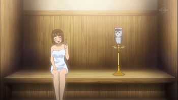 1girl animated animated_gif bare_shoulders bird blush bob_cut bouncing_breasts breasts brown_hair cleavage indoors kuramoto_ayumi large_breasts naked_towel owl sauna short_hair sket_dance sweat towel towel_on_head tower