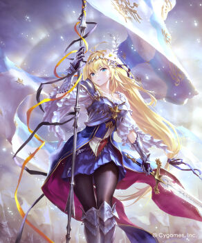 1girl ahoge armor banner black_pantyhose blonde_hair breastplate dress feet_out_of_frame flag flower gauntlets hair_between_eyes hair_flower hair_intakes hair_ornament hairband highres hisakata_souji holding holding_banner holding_sword holding_weapon jeanne_d&#039;arc_(granblue_fantasy) long_hair low-tied_long_hair official_art pantyhose pleated_skirt purple_skirt shadowverse shadowverse:_worlds_beyond shoulder_armor skirt solo sword vambraces weapon wide_sleeves