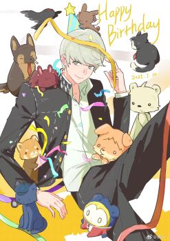 Rule 34 | 1boy, adachi tooru, amagi yukiko, animalization, bear, bird, black pants, cat, cigarette, closed mouth, commentary request, confetti, dated, dog, doujima nanako, doujima ryoutarou, grey eyes, grey hair, hanamura yousuke, happy birthday, hat, highres, knee up, kujikawa rise, kuma (persona 4), looking at viewer, magnifying glass, male focus, mouth hold, narukami yu, necktie, pants, party hat, persona, persona 4, rabbit, red necktie, red panda, satonaka chie, school uniform, shirogane naoto, smile, smoking, solo, solo focus, tatsumi kanji, wings, yancc, yasogami school uniform