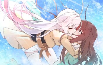 2girls absurdres air_bubble aqua_dress arms_around_neck belt blush brown_eyes brown_hair bubble commentary_request dress french_kiss highres kiss long_hair luliam_santamagia multiple_girls muryoku_seijo_to_munou_oujo pink_hair shiyan_ying tamura_nana tears thighhighs underwater white_thighhighs yellow_dress yuri