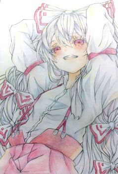 0917yuka 1girl absurdres arms_up blush bow commentary fujiwara_no_mokou grin hair_between_eyes hair_bow highres long_hair long_sleeves looking_at_viewer open_collar pants red_eyes red_pants shirt shirt_tucked_in simple_background smile solo suspender_pants touhou traditional_media very_long_hair white_background white_hair white_shirt