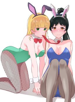 2girls alternate_costume animal_ears black_hair blonde_hair blue_leotard blush bow bowtie braid breasts brown_hair burasuko embarrassed fake_animal_ears fishnet_pantyhose fishnets green_eyes green_leotard hazuki_ren heanna_sumire high_ponytail highres kneeling large_breasts leotard long_hair looking_at_viewer love_live! love_live!_superstar!! medium_breasts multiple_girls necktie pantyhose playboy_bunny ponytail rabbit_ears red_bow red_bowtie red_necktie single_braid sitting sweat white_background wrist_cuffs