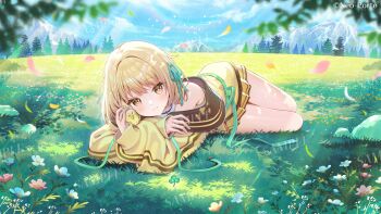 1girl blonde_hair blunt_bangs blush closed_mouth commentary_request dappled_sunlight day falling_petals flower hair_ribbon jacket long_sleeves looking_at_viewer lying miniskirt mitsuba_eni neo-porte official_art oli_o_o on_grass on_stomach outdoors petals pleated_skirt ribbon scenery short_hair skirt solo sunlight thighs virtual_youtuber yellow_eyes yellow_jacket yellow_skirt