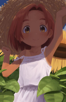 Rule 34 | 1girl, absurdres, arm up, armpits, blush, brown eyes, brown hair, clenched hand, closed mouth, collarbone, commentary, cowboy shot, dot nose, dress, flat chest, flower, hat, highres, idolmaster, idolmaster cinderella girls, idolmaster cinderella girls starlight stage, ikumi (iq3), looking at viewer, ryuzaki kaoru, shadow, short hair, sleeveless, sleeveless dress, smile, solo, strap slip, straw hat, sunflower, tan, tanline, thick eyebrows, white dress