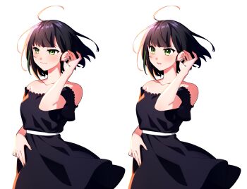 1girl absurdres ahoge bare_shoulders black_dress black_hair black_nails breasts cross dress ear_piercing earclip green_eyes green_hair highres medium_breasts medium_hair multicolored_hair off-shoulder_dress off_shoulder open_mouth piercing pink_lips shijin_(musician) smile streaked_hair tohyama_shage two-tone_hair