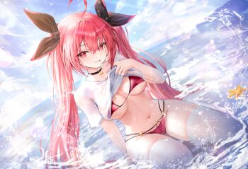 1girl absurdres age_fx ahoge azur_lane bikini black_choker black_ribbon blue_sky breasts chinese_commentary choker clothes_lift commentary commentary_request date_a_live day english_commentary hair_ribbon highres itsuka_kotori itsuka_kotori_(waterside_goddess) lifting_own_clothes long_hair medium_breasts midriff navel ocean official_alternate_costume outdoors red_bikini red_eyes red_hair ribbon shirt shirt_lift sky smile solo starfish swimsuit thighhighs thighs twintails very_long_hair water white_shirt white_thighhighs