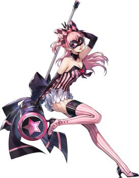 Rule 34 | 1girl, artist request, bare shoulders, black gloves, black mask, bow, breasts, cleavage, collarbone, detached collar, domino mask, elbow gloves, eye mask, fishnet pantyhose, fishnets, full body, gloves, hair bow, hammer, highres, holding, holding hammer, holding weapon, long hair, looking at viewer, mask, medium breasts, nashimoto narumi, official alternate costume, official art, open mouth, pantyhose, persona, persona 5, persona 5: the phantom x, pink bow, pink hair, pinky (p5x), smile, solo, third-party source, transparent background, weapon