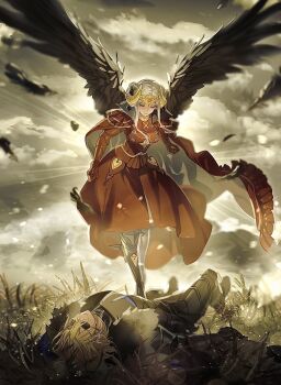 1boy 1girl armor black_armor black_wings blonde_hair blue_eyes cape cloud cloudy_sky commentary dimitri_alexandre_blaiddyd dimitri_alexandre_blaiddyd_(timeskip) double_bun dress edelgard_von_hresvelg edelgard_von_hresvelg_(timeskip) english_commentary eyepatch fake_horns field fire_emblem fire_emblem:_three_houses fur_cape grass hair_bun highres horns lying nintendo on_back purple_eyes red_armor red_cape red_dress sky soma_otakuu standing two-sided_cape two-sided_fabric white_cape white_hair wings