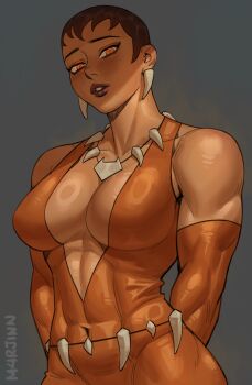 abs artist_name belt breasts brown_hair cleavage dark_skin dc_comics earrings elbow_gloves gloves highres jewelry large_breasts looking_at_viewer m4rjinn muscular muscular_female necklace orange_eyes plunging_neckline short_hair simple_background tooth_earrings tooth_necklace vixen_(dc)