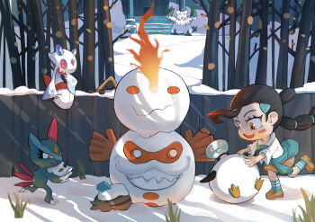 abomasnow absurdres aqua_bow aqua_socks aqua_sweater bare_tree black_hair blush blush_stickers bow braid brown_shoes brown_skirt candice_(pokemon) chibi closed_eyes clothes_around_waist collared_shirt commentary_request eiscue eiscue_(ice) eyelashes fangs froslass full_body galarian_darmanitan galarian_darmanitan_(zen) galarian_form gen_2_pokemon gen_3_pokemon gen_4_pokemon gen_8_pokemon grass hair_ornament hairclip highres holding long_hair nintendo open_mouth outdoors pokemon pokemon_(creature) pokemon_dppt red_eyes sharp_teeth shirt shoes skirt smile sneasel snorunt snow snowball socks standing standing_on_one_leg sweater sweater_around_waist swinub teeth tree upper_teeth_only white_shirt ye_rou_sa_de yellow_eyes