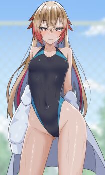 1girl black_one-piece_swimsuit blonde_hair breasts commentary_request covered_navel gradient_hair highleg highleg_one-piece_swimsuit highres jacket jacket_partially_removed marie_malisse_(shadowverse:_worlds_beyond) multicolored_hair one-piece_swimsuit osumi. red_hair shadowverse shadowverse:_worlds_beyond small_breasts solo standing streaked_hair swimsuit two-tone_swimsuit white_jacket