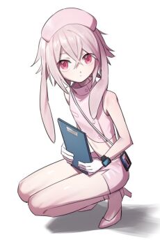 1boy alternate_costume animal_ears ansel_(arknights) arknights clipboard crop_top crossdressing crossdressing_(mtf) expressionless hair_between_eyes hat high_heels holding holding_clipboard kokekokeimo looking_at_viewer male_focus microskirt midriff nurse nurse_cap pink_eyes pink_hair pink_shoes pink_skirt rabbit_boy rabbit_ears shoes short_hair simple_background skirt sleeveless solo squatting trap white_background