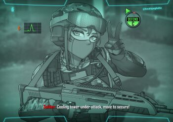 1girl american_flag ammunition_pouch artist_name assault_rifle balaclava blue-tinted_eyewear blurry blurry_background bulletproof_vest call_of_duty call_of_duty:_black_ops_2 camouflage camouflage_helmet camouflage_jacket cardiogram combat_helmet commentary day ear_protection english_commentary english_text film_grain flag_patch gameplay_mechanics gloves goggles goggles_on_headwear gun gun_sling hand_up heads-up_display headset helmet highres holding holding_gun holding_weapon honeycomb_(pattern) jacket load_bearing_vest localspaghetto looking_at_viewer m8a1 magazine_(weapon) military monochrome navy_seals outdoors pda pouch pov rifle shadow signature soldier solo subtitled tactical_clothes tinted_eyewear unworn_headwear user_interface v walkie-talkie weapon