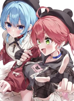 2girls :d ahoge beret black_gloves blue_choker blue_eyes blue_hair brown_skirt cardigan choker commentary_request cropped_cardigan cropped_hoodie earrings fingerless_gloves gloves green_eyes hat highres hololive hood hoodie hoshimachi_suisei hoshimachi_suisei_(micomet) jacket jewelry locked_arms long_hair long_sleeves multiple_girls muyamii official_alternate_costume open_mouth outdoors pink_hair plaid_clothes plaid_jacket plaid_skirt pointing pointing_at_viewer pom_pom_(clothes) pom_pom_earrings quarter-zip red_cardigan red_choker sakura_miko sakura_miko_(micomet) short_hair skirt smile star_(symbol) star_in_eye sweater symbol_in_eye twintails virtual_youtuber white_sweater yuri