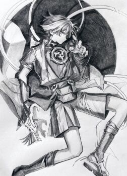 1boy arm_at_side armor blunt_ends bodysuit bosonn_13 bridal_legwear closed_mouth curled_fingers drop_shadow expressionless eyelashes fingernails from_above furisode genshin_impact graphite_(medium) greyscale hatching_(texture) highres japanese_armor japanese_clothes jewelry kimono kote layered_shorts layered_sleeves looking_at_viewer lying male_focus mandarin_collar mitsudomoe_(shape) monochrome neck_ring o-ring on_back open_clothes open_hand open_kimono reaching reaching_towards_viewer sandals sash scaramouche_(genshin_impact) short_sleeves shorts sideways_mouth solo stirrup_legwear tassel toeless_legwear toes tomoe_(symbol) traditional_media tsurime zouri