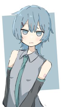 1girl absurdres aqua_eyes aqua_hair aqua_necktie auhuheben17 black_sleeves blue_background border detached_sleeves grey_shirt hair_ornament hatsune_miku highres necktie shirt short_hair sleeveless sleeveless_shirt solo vocaloid white_border