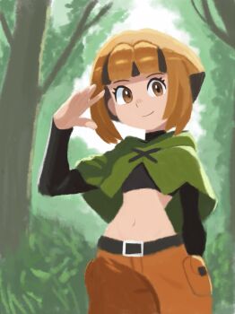 1girl belt black_hair capelet cargo_shorts deli_mage forest gardenia_(pokemon) hand_up looking_at_viewer nature navel nintendo orange_eyes orange_hair outdoors pokemon pokemon_diamond/pearl/platinum short_hair shorts smile solo tree undershirt