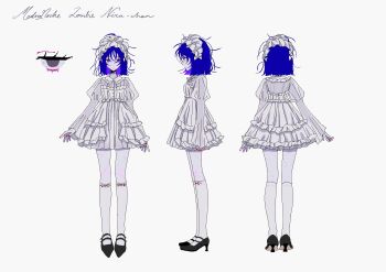 Rule 34 | 1girl, arm at side, black shoes, blue hair, character name, closed mouth, collared dress, colored inner hair, colored skin, commentary request, concept art, dress, expressionless, fingernails, frilled dress, frills, from behind, from side, grey eyes, grey skin, high heels, highres, jitome, juliet sleeves, kneehighs, long sleeves, maid headdress, mary janes, multicolored hair, myon (tokipi), nail polish, nira-chan, official art, production art, puffy sleeves, purple hair, red nails, reference sheet, second-party source, shoes, short hair, socks, white background, white dress, white headdress, white socks, zutto mayonaka de ii no ni