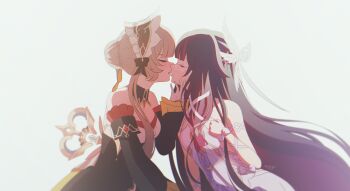 2girls absurdres arm_ribbon bare_shoulders black_bow black_collar black_hair black_sleeves bonnet bow braid brown_hair bun_with_braided_base closed_eyes closed_mouth collar columbina_(genshin_impact) commentary detached_collar detached_sleeves dress eye_mask frilled_sleeves frills from_side genshin_impact hair_bow hair_bun hair_ribbon hand_on_another's_chin head_wings highres imminent_kiss long_hair long_sleeves mask multicolored_hair multiple_girls parted_lips ribbon ryzatgj sandrone_(genshin_impact) signature simple_background upper_body white_background white_bow white_dress white_ribbon winding_key wings wrist_bow yuri