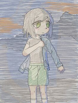 1girl adjusting_clothes bags_under_eyes black_shirt blue_jacket closed_mouth cloud green_eyes green_shorts grey_hair jacket mentha_(menthalovely) mint_(menthalovely) mountain original outdoors shirt short_hair shorts sky socks solo white_socks