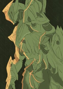 1girl armor black_hairband black_jacket black_ribbon collared_shirt covered_eyes firefly_(honkai:_star_rail) full_armor grey_armor grey_hair hair_between_eyes hair_intakes hair_ornament hair_over_eyes hair_ribbon hairband honkai:_star_rail honkai_(series) jacket korshokor long_hair neckerchief rain ribbon sam_(honkai:_star_rail) shirt solo twitter_username white_shirt