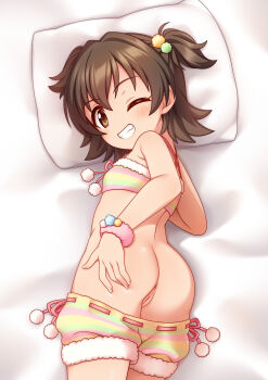 1girl absurdres akagi_miria anus ass bandeau bed_sheet black_hair blush brown_eyes clothes_pull fur-trimmed_bandeau fur_trim fuu_(koneko_no_yomeiri) grin hair_between_eyes hair_ornament highres idolmaster idolmaster_cinderella_girls loli looking_at_viewer one_eye_closed pillow pom_pom_(clothes) pom_pom_hair_ornament pussy short_hair short_shorts shorts smile solo striped_clothes striped_shorts two_side_up