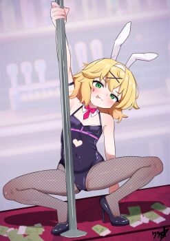 1girl absurdres animal_ears blonde_hair boppin commission fake_animal_ears fishnet_pantyhose fishnets green_eyes hair_ornament high_heels highres idolmaster idolmaster_cinderella_girls leotard loli paid_reward_available pantyhose playboy_bunny pole pole_dancing rabbit_ears sakurai_momoka squatting stripper_pole tongue tongue_out variant_set