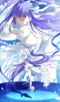 1girl arm_up armored_boots balancing blue_ribbon blush boots breasts closed_eyes collared_jacket commission cropped_jacket crotch_plate dancing fate/grand_order fate_(series) frilled_sleeves frills hair_ribbon highres jacket juliet_sleeves knee_spikes leg_blade light_smile long_hair long_sleeves meltryllis_(fate) meltryllis_(third_ascension)_(fate) midriff minoe08 navel petals projected_inset prosthesis prosthetic_leg puffy_sleeves purple_hair revealing_clothes ribbon sleeves_past_fingers sleeves_past_wrists small_breasts solo spikes spotlight standing standing_on_one_leg thighs very_long_hair white_jacket white_petals white_ribbon