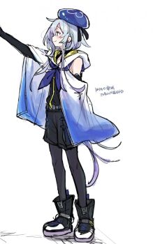 1boy aqua_hair arknights azuma_shino bare_shoulders beret black_collar black_leggings black_ribbon black_shorts blue_headwear blue_neckerchief closed_mouth collar detached_sleeves earrings gradient_hair hair_between_eyes hat highres hood hood_down infection_monitor_(arknights) jewelry leggings long_hair looking_at_viewer male_focus mizuki_(arknights) multicolored_hair neckerchief pink_eyes pov pov_hands purple_hair ribbon shirt shorts sidelocks simple_background sketch sleeveless sleeveless_shirt smile solo_focus trap white_background