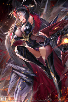 1girl arm_up armored_boots armpits azur_lane blush boots breasts female_focus friedrich_der_grosse_(azur_lane) fur_trim gauntlets hair_over_one_eye highres horns large_breasts looking_at_viewer machine mecha panties pink_eyes robot see-through_clothes silver_hair skin_tight skindentation smoke solo thighhighs tsuki_no_i-min underwear