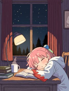 1girl book closed_eyes coffee_mug commentary cup curtains desk final_fantasy final_fantasy_fables hood hood_down hooded_robe indoors lamp long_sleeves mug night onyhakase open_mouth pink_hair robe shirma sleeping sleeping_upright solo standing white_robe window