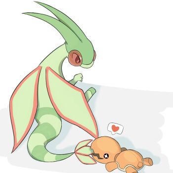 ageraretaa biting_another&#039;s_tail claws dragon evolutionary_line fangs flygon gen_3_pokemon green_wings heart lying nintendo no_humans on_stomach open_mouth pokemon pokemon_(creature) pokemon_focus red_eyes skin_fangs smile speech_bubble spoken_heart tail trapinch wings