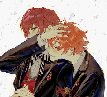 2boys ace_trappola black_jacket blush brooch closed_eyes facial_mark grey_eyes hand_on_another&#039;s_head heart heart_facial_mark highres hug hug_from_behind jacket jewelry long_sleeves looking_at_another male_focus multiple_boys night_raven_college_school_uniform open_clothes open_jacket orange_hair red_hair red_vest riddle_rosehearts rinrinririn187 school_uniform smile twisted_wonderland upper_body vest white_background yaoi
