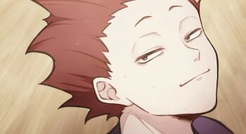 1boy close-up closed_mouth commentary_request haikyuu!! koutya09 looking_to_the_side male_focus purple_shirt red_eyes red_hair sanpaku shirt sideways_glance smile solo spiked_hair tendou_satori volleyball_court
