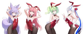 4girls animal_ears aokumo_rin arms_up bare_shoulders blue_eyes bow bowtie breasts brown_pantyhose cleavage colored_eyelashes commentary_request cone_hair_bun detached_collar fake_animal_ears fake_tail green_eyes green_hair grin hair_bun hairband hanako_nana heterochromia highleg highleg_leotard highres korean_commentary large_breasts leotard long_hair looking_at_viewer medium_breasts multicolored_hair multiple_girls nannung nontraditional_playboy_bunny open_mouth pantyhose pink_hair playboy_bunny purple_hair rabbit_ears rabbit_tail red_hairband red_leotard side_ponytail simple_background small_breasts smile stellive strapless strapless_leotard streaked_hair tail tenko_shibuki very_long_hair white_background white_eyelashes white_hair yellow_eyes yuzuha_riko