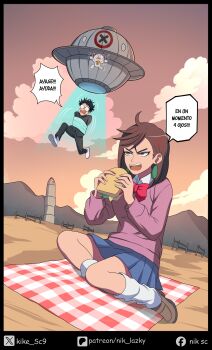 1boy 1girl abduction absurdres anger_vein ayase_momo bound bow bowtie breasts brown_shoes brown_sky cloud commentary_request crossover dandadan dutch_angle earrings facebook_username food gakuran highres holding holding_food jewelry kike_sc9 large_breasts loose_socks metal_slug mountain pink_sweater red_bow red_bowtie sandwich school_uniform shoes sitting socks spanish_commentary spanish_text sweater takakura_ken_(dandadan) tied_up_(nonsexual) tractor_beam translation_request turbo_granny_(dandadan) twitter_username ufo watermark web_address yokozuwari