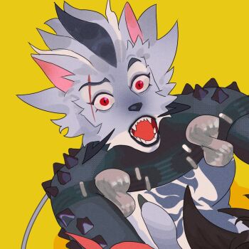 1boy animal_ears claws commentary dislyte dog_boy dog_ears doodleforcloud english_commentary fangs furrification furry furry_male male_focus multicolored_hair open_mouth red_eyes scar scar_across_eyebrow scar_on_face slit_pupils yellow_background yun_chuan_(yang_jian)_(dislyte)