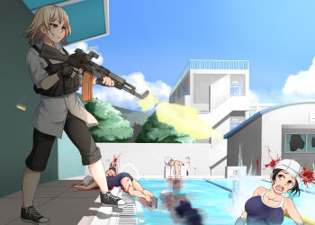 6+girls ak-74 assault_rifle black_gloves black_hair black_shorts blonde_hair blood blood_on_face blue_one-piece_swimsuit blue_sky breasts broken_glass broken_window brown_eyes building casing_ejection cloud cloudy_sky collared_shirt corpse day death erikku_(kata235) ero_guro evil_grin evil_smile fingerless_gloves firing full_body glass gloves goggles goggles_on_head grin gun guro headshot holding holding_gun holding_weapon injury kalashnikov_rifle large_breasts long_hair massacre multiple_girls murder muzzle_flash one-piece_swimsuit original outdoors partially_submerged pool pool_of_blood rifle school school_shooting school_swimsuit shell_casing shirt shoes short_sleeves shorts sky smile sneakers splashing standing submerged swim_cap swimsuit tree wall water weapon wet wet_hair white_shirt