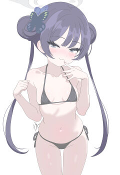 1girl absurdres bikini black_bikini black_hair blue_archive breasts butterfly_hair_ornament double_bun grey_eyes grey_halo hair_bun hair_ornament halo highres kisaki_(blue_archive) loli long_hair looking_at_viewer runarie side-tie_bikini_bottom simple_background small_breasts smile solo swimsuit thigh_gap twintails white_background