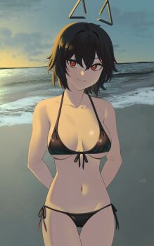 1girl armpit_crease arms_behind_back beach bikini black_bikini black_hair bow bow_bikini breasts breasts_apart bright_pupils catherine_(sedai) collarbone cowboy_shot drawn_ears dusk hair_between_eyes highres light_smile looking_at_viewer medium_breasts navel ocean original red_eyes seashell sedai shadow shell short_hair solo string_bikini swimsuit thigh_gap triangle_bikini_top underboob waves white_pupils