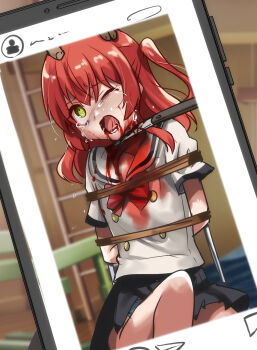 1boy 1girl black_skirt blood bocchi_the_rock! bound bound_arms cellphone chair commentary_request crying execution green_eyes guro highres kita_ikuyo one_eye_closed panties phone red_hair ryona school_uniform shuka_high_school_uniform skirt slit_throat smartphone solo_focus underwear watari_laboratory