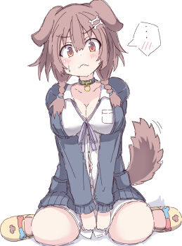... 1girl absurdres animal_ears black_jacket blush bone_hair_ornament braid breasts brown_hair cartoon_bone cleavage closed_mouth collared_shirt commentary_request dog_ears dog_girl dog_tail dress_shirt full_body hair_ornament hair_over_shoulder highres hololive inugami_korone jacket large_breasts long_hair looking_at_viewer low_twintails open_clothes open_jacket red_eyes shadow shirt simple_background sitting slippers small_sweatdrop solo spoken_ellipsis sweat tail twin_braids twintails umberblack virtual_youtuber wariza wavy_mouth white_background white_shirt yellow_slippers