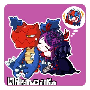 Rule 34 | 1girl, 1other, blue eyes, blue hair, closed eyes, dragon, druddigon, fascinator, female alear (fire emblem), fire emblem, fire emblem engage, fishnets, gen 5 pokemon, heterochromia, ivy (fire emblem), long hair, multicolored hair, nintendo, parameciumkun, purple hair, red eyes, red hair, speech bubble, spiked, split-color hair, thorn print, thought bubble, two-tone hair, wyvern