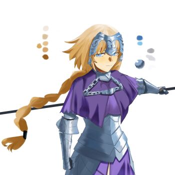 Rule 34 | 1girl, blonde hair, blue eyes, breasts, capelet, closed mouth, commentary request, cowboy shot, fate/grand order, fate (series), floating hair, gauntlets, hair tubes, headpiece, highres, holding, holding polearm, holding weapon, jeanne d'arc (fate), kumakuma3978, large breasts, long hair, looking to the side, low ponytail, outstretched arm, plackart, polearm, ponytail, purple capelet, sideways glance, simple background, sketch, solo, weapon, white background