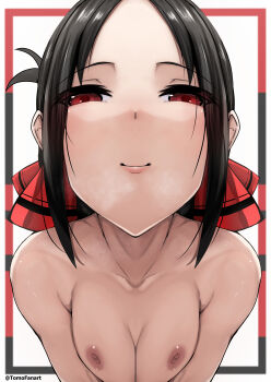 1girl absurdres artist_name black_border black_hair border closed_mouth collarbone completely_nude highres kaguya-sama_wa_kokurasetai_~tensai-tachi_no_renai_zunousen~ looking_at_viewer nipples nude parted_bangs red_border red_eyes shinomiya_kaguya shiny_skin smile solo tomodachi_(tomofanart) upper_body white_background
