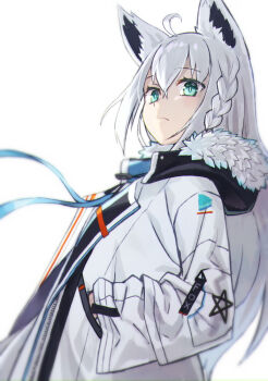 Rule 34 | 1girl, ahoge, animal ears, aqua eyes, braid, commentary request, double-parted bangs, expressionless, fox ears, from side, fur-trimmed jacket, fur trim, grey hair, hair between eyes, hands in pockets, hololive, jacket, long hair, long sleeves, looking at viewer, official alternate costume, overexposure, shirakami fubuki, shirakami fubuki (fubukitek), side braid, sidelighting, simple background, slit pupils, solo, tokumaro, upper body, virtual youtuber, white background, white jacket