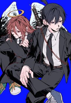 2boys angel_devil_(chainsaw_man) black_necktie black_suit blue_background chainsaw_man formal_clothes halo hayakawa_aki highres ikaooi1 jacket katana male_focus multiple_boys necktie parted_lips simple_background suit suit_jacket sword teeth topknot traditional_halo weapon weapon_on_back