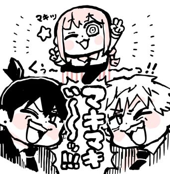 1girl 2boys bkub black_necktie black_pants black_suit chainsaw_man chibi chibi_only choppy_bangs collared_shirt commentary_request denji_(chainsaw_man) formal_clothes full_body greyscale hayakawa_aki jumping leg_up long_hair looking_at_viewer makima_(chainsaw_man) monochrome motion_lines multiple_boys necktie one_eye_closed open_mouth pants portrait shirt short_hair sound_effects speech_bubble spot_color star_(symbol) suit topknot translation_request v white_background white_shirt