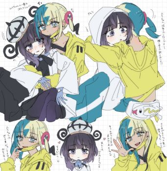 2girls aqua_hair black_dress black_hair black_mask blonde_hair blue_eyes blue_gloves blunt_bangs blush bob_cut canari_(pokemon) closed_mouth coat dark-skinned_female dark_skin dress gloves gradient_hair gwynn_(pokemon) hat hood hood_up hug hug_from_behind jacket long_sleeves looking_at_viewer mask mask_pull mouth_mask multicolored_hair multiple_girls navel nintendo open_clothes open_coat pants pantyhose partially_fingerless_gloves pokemon pokemon_legends:_z-a purple_eyes purple_hair sakizome short_hair short_twintails split-color_hair twintails two-tone_hair two-tone_mask white_coat yellow_jacket yellow_mask